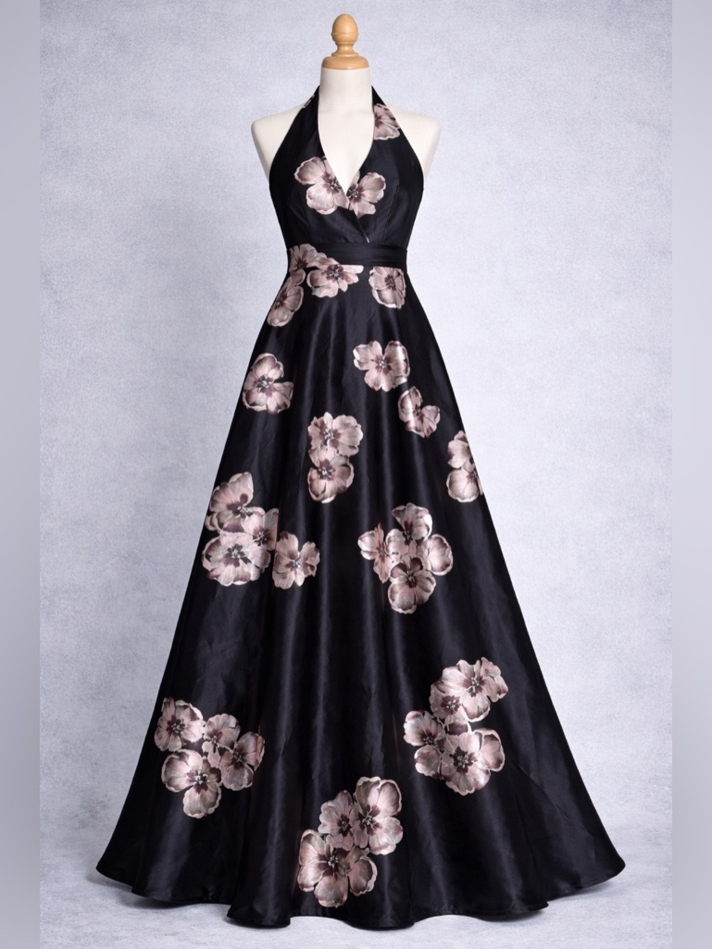 Vintage Navy Blue Halter Floral A-Line Dress